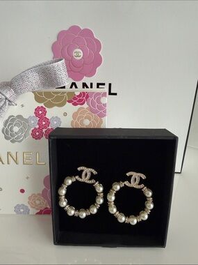 CHANEL Pearl Hoop Earrings with Crystal CC Logo